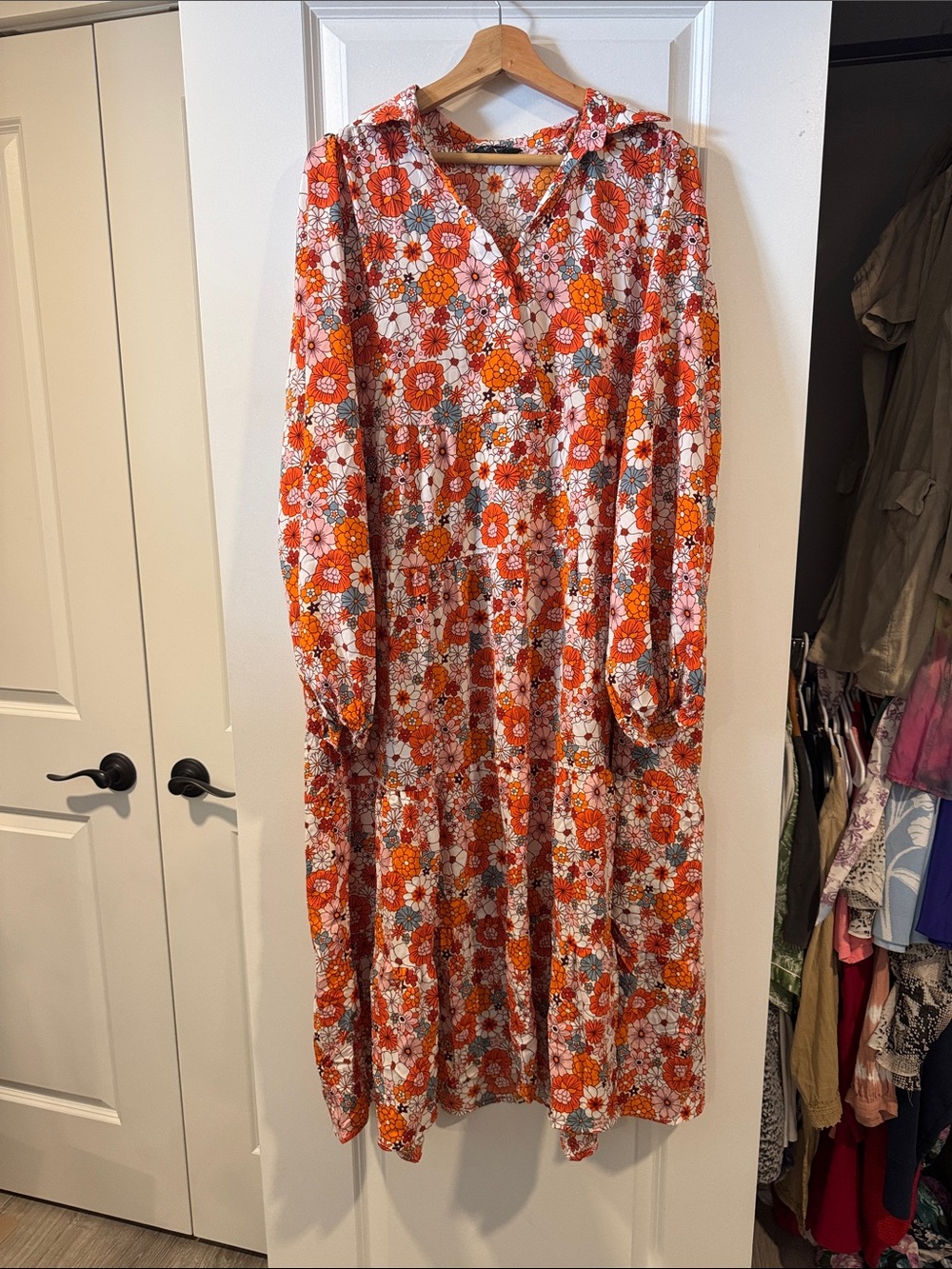 Women's Orange Floral Collared Maxi Dress